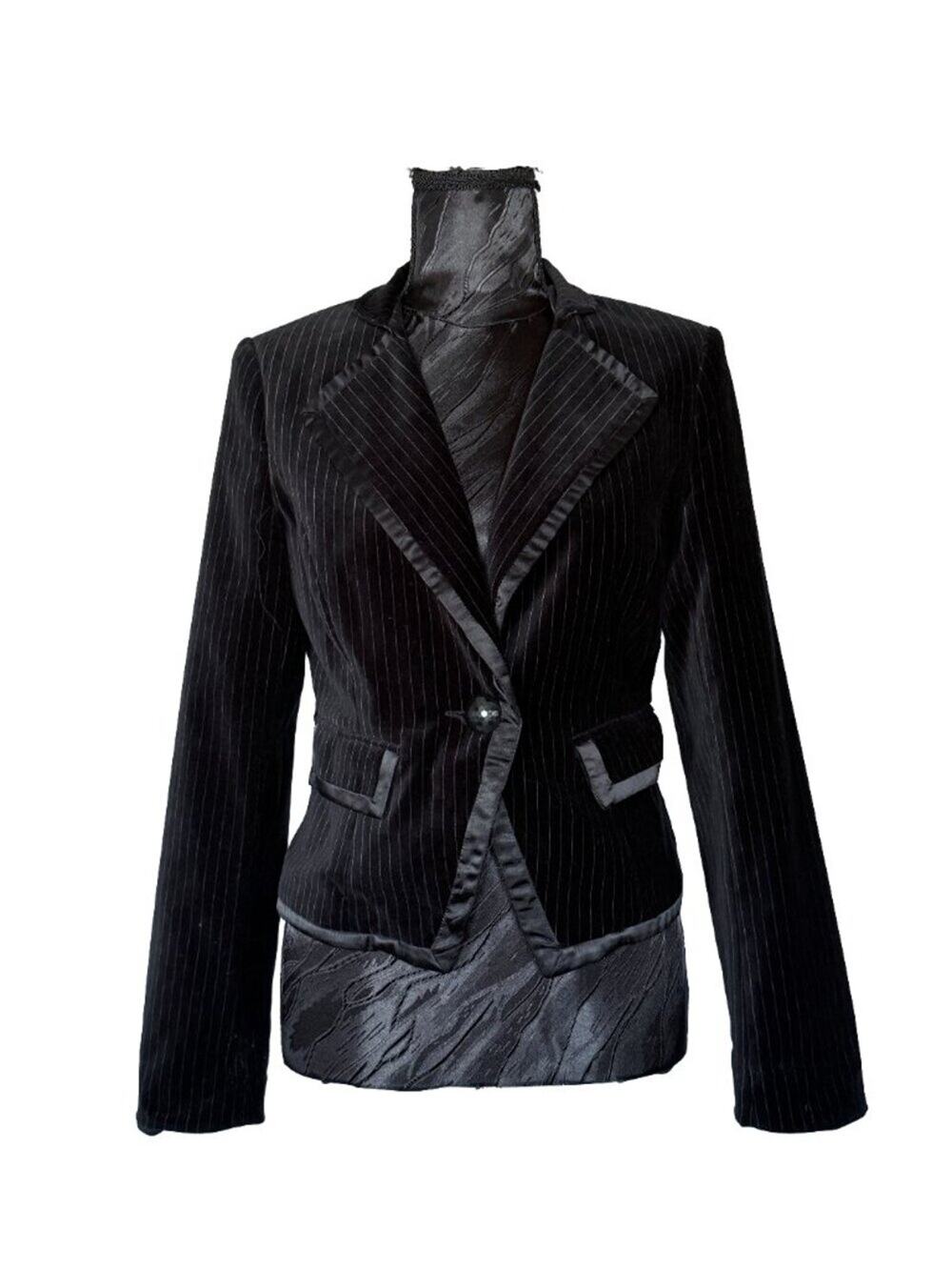 VINTAGE Twenty One Black Velvet Pinstripe Fitted Blazer Jacket - Small